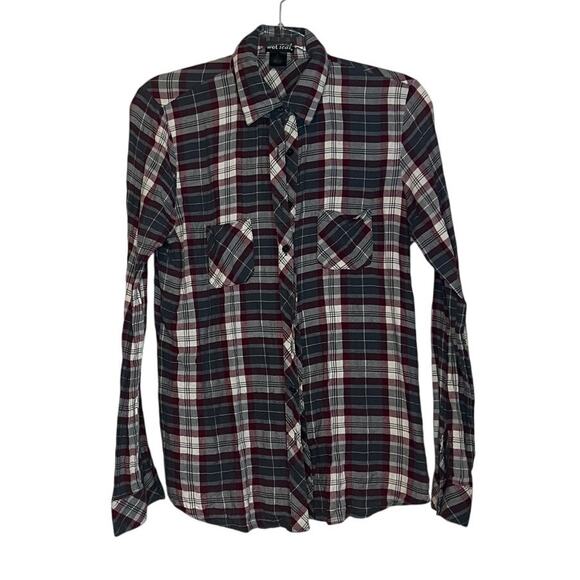 Wet Seal Grey Red Plaid Button Up L - Picture 1 of 3